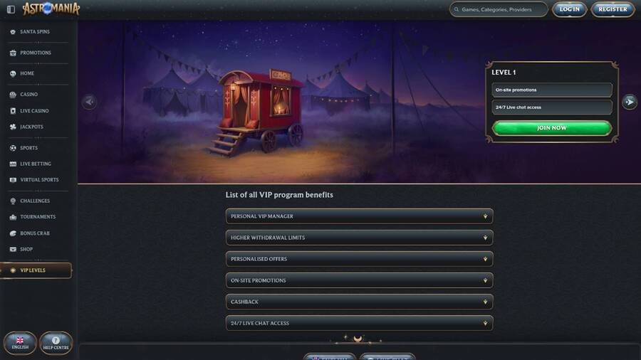 VIP page screenshot of AstroMania Casino