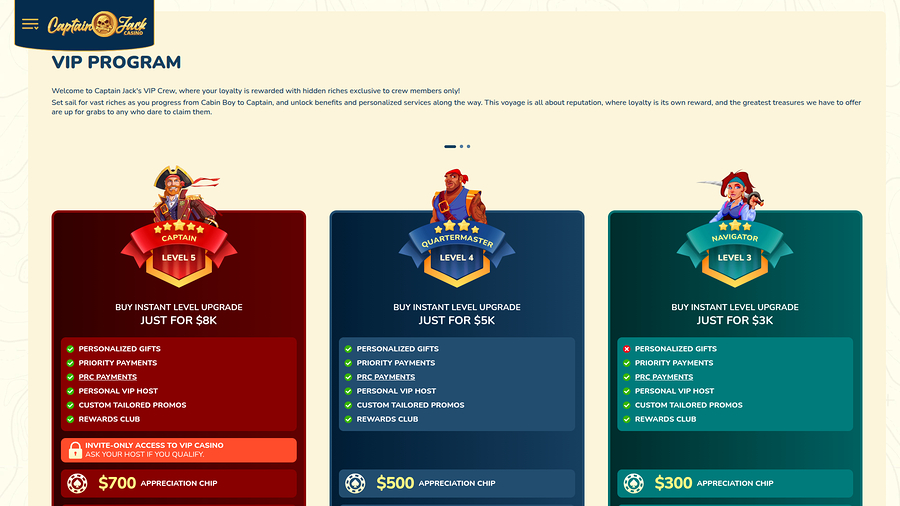 Captain Jack Casino Desktop VIP Program