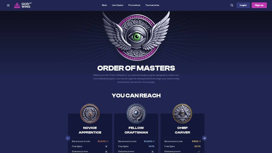 VIP page screenshot of God of Wins Casino