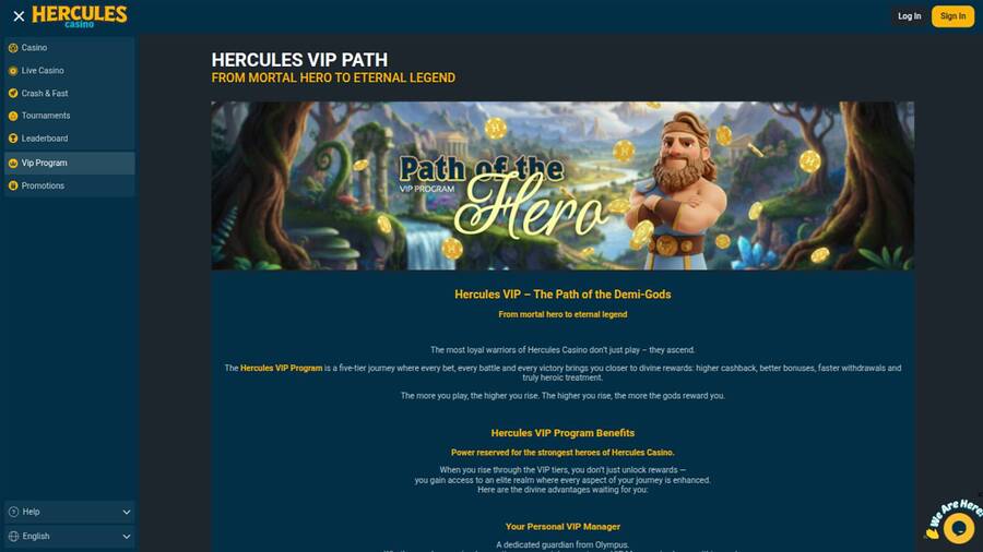 VIP page screenshot of Hercules Casino