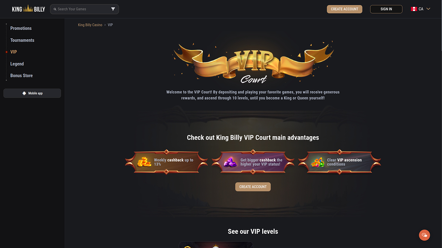 King Billy Casino Desktop VIP Program