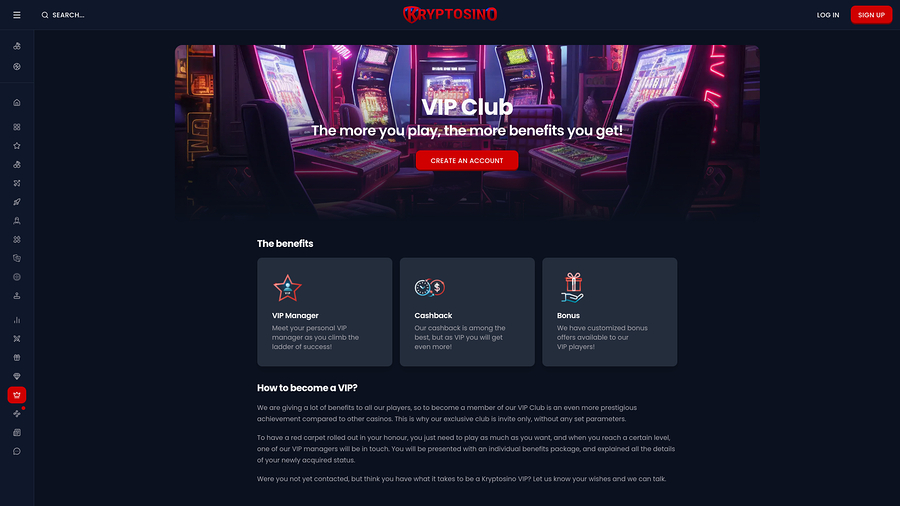 Kryptosino Casino Desktop VIP Page