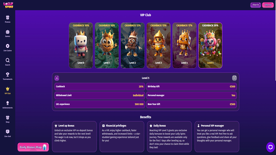 VIP screenshot of Lolly Spins Casino for Desktop