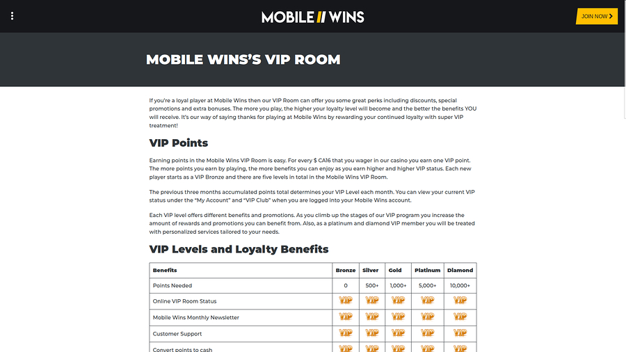 MobileWins Casino Desktop VIP Program