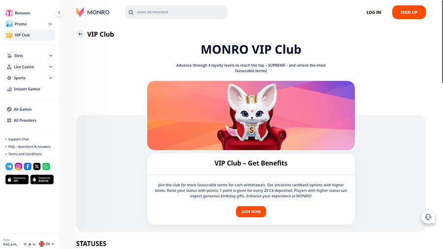 Monro Casino Desktop VIP Program