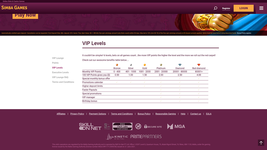 Simba Games Casino Desktop VIP Program