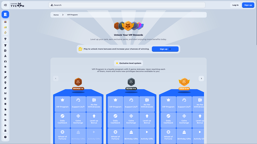 Tycoon Casino VIP page