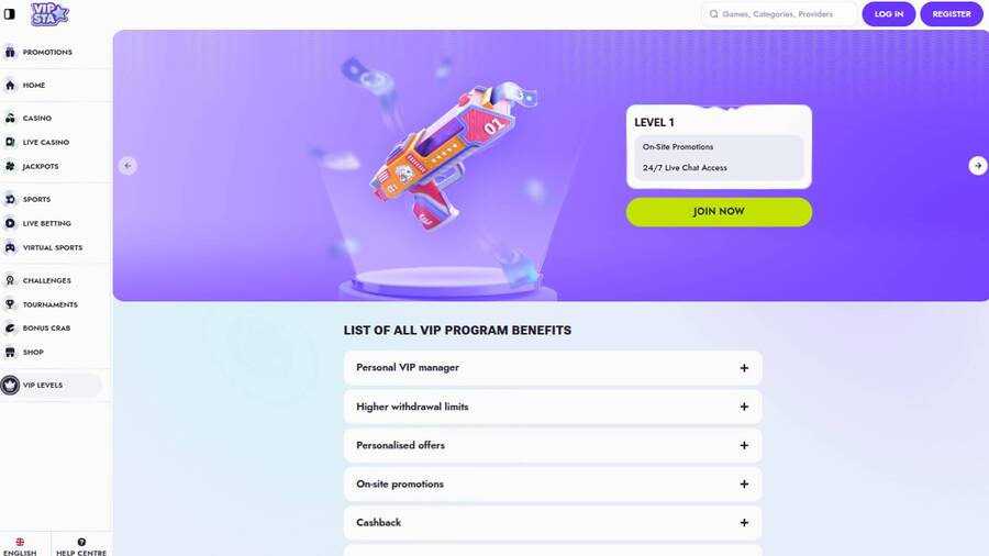 VIP page screenshot of Vipsta Casino