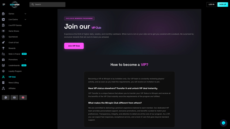 VIP Page screenshot of WinSpin Casino